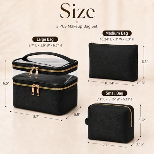 3PCS PU Leather Makeup Bag, Large Travel Cosmetic Pouch, Cute Toiletry Organizer for Women, Black - color: Black-3pc