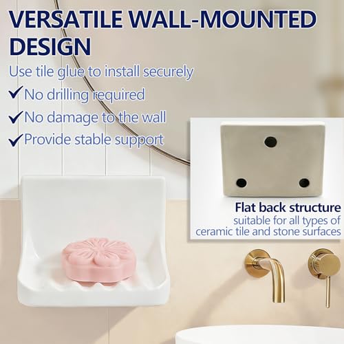 White Vintage Ceramic Mounted Soap Dish for Shower Wall Home Bathtub Bathroom Sink, Retro Ceramic Shower soap Holder Porcelain Soap Dish Holder Tray Wall Mount Soap Dish