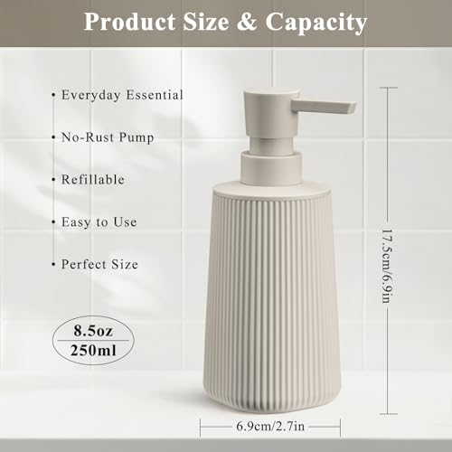 Beige 2 Pack Hand Soap Dispensers Set with No Rust Pump for Bathroom and Kitchen Countertops Refillable Matte Striped Plastic 8.5 oz - color: Beige Set of 2