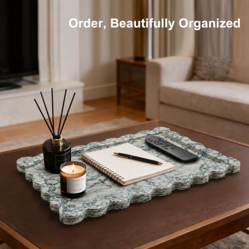 14" x 10" Large Genuine Cyan Green Scalloped Marble Tray, Pre-Sealed for Stain & Water Resistance, Luxury Decorative Trays for Vanity, Bathroom, Dresser, Coffee Table, Home Decor - color: Cyan Green