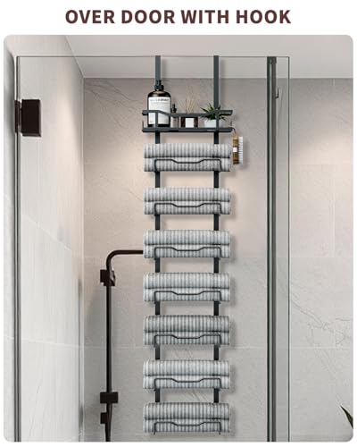 Aetyord Hanging Towel Racks for Bathroom No Drill - Over The Door 8-Tier Bath Towel Storage Organizer for Small Bathrooms - Back Door Large Tiered Towel Holder Hanger for Rolled Towels RV Camper BLACK - color: Black, size: 8 Tier