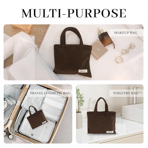 Wudygirl Makeup Bag Travel Cosmetic Bag for Women Small Makeup Pouch with Handle Zipper Cosmetic Pouch Handbag Aesthetic 8.3" x 6.7"(Coffee) - color: Coffee