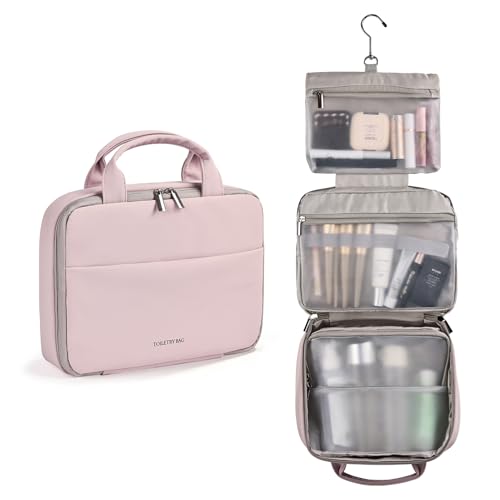 Hanging Toiletry Bag for Travel, PU Leather Hanging Organizer – Cosmetic Travel Bags for Women, 3-Layer Foldable Waterproof EVA, Makeup Case with Hook for Weekend Trips & Toiletries(Dusty Rose) - color: Dusty Rose