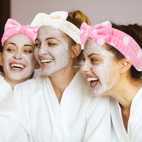 Semato Bachelorette Party Favor Set - Bride & Bridesmaid Spa Headbands with Cute Bows (1 Bride + 7 Pink Dot) - color: 1 bride+ 7pink dot