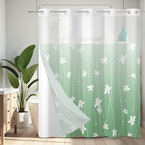 No Hook Shower Curtain with Snap-in Liner, Green Ombre Bathroom Shower Curtains with Liner Set, Waterproof & Washable, Mesh Top Window, 59" W x 79" L - color: 02 Ombre - Green, size: 59"W x 79"L (Pack of 1)