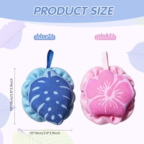 2PCS Shower Loofah Sponge, Hawaiian Floral Bath Pouf with Soft Mesh, Gentle Body Scrubber for Shower and Bath, Tropical Bathroom Accessories for Women and Men - color: Blue Pink-a