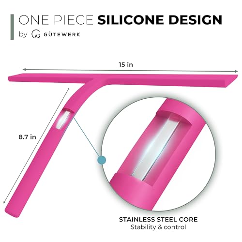 GÜTEWERK Silicone Shower Squeegee for Glass Doors & Mirrors with Stainless Steel Core, Streak-Free & No-Squeak Window Cleaning, 3-in-1 No-Drill Mount (Hook/Suction/Adhesive),Pink, 15 Inches - color: Pink, size: 15 Inches