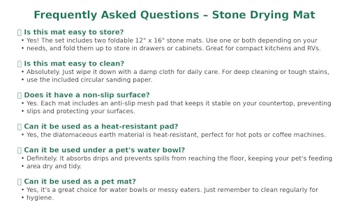 Large Foldable Stone Dish Drying Mat – Diatomaceous Earth, 12"x16" Each or 24"x16" Combined – Fast Dry, Anti-Slip Pad, Sanding Tool & Instruction Manual for Kitchen, Bathroom or RV (2-Pack)