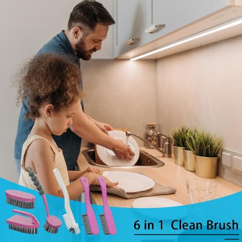 6 PCS Cleaning Brush, Scrub Brush Set for Kitchen and Bathroom Household Use with Various Brushes for Cleaning Dishes, Tiles, Corners and Floors Color Purple - color: Purple
