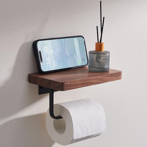 Walnut Wood Toilet Paper Holder with Phone Shelf, Adhesive or Drill Installation Bathroom Washroom Wall Mount Wooden Toilet Tissue Roll Holder with Shelf for Hold Wipes, Cell Phone (Flat) - color: Flat Surface