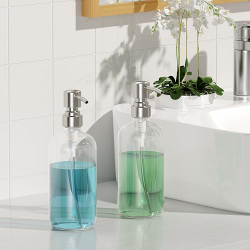 AmazerBath Soap Dispenser, 2 Pack Glass Soap Dispenser with Pump Stainless Steel, 17 Oz Hand Soap Bottles Bathroom Kitchen, Clear - color: Brushed Stainless Steel