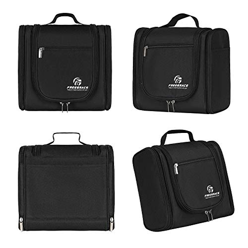 Freegrace Extra Large Hanging Toiletry Bag for Men and Women - Water-Resistant Nylon Travel Bathroom Organizer for Cosmetics, Makeup, and Toiletries - color: Snow Black