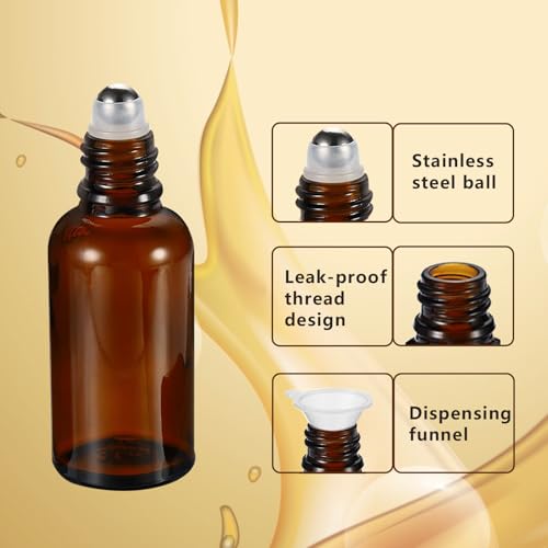 30ML Roller Bottles for Essential Oil, 4 Pack Empty Amber Glass Roller Bottle for Perfume Oil, Roll on Bottles with Stainless Steel Roller Balls, Opener, Funnel and Dropper - size: 30ml_4pcs