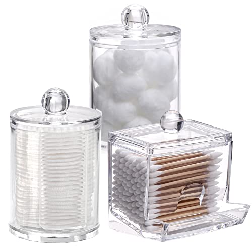 Tbestmax Bathroom Organizer Accessories Set-10 OZ,7 OZ Qtips Holder Storage with Clear Plastic Lids, Cotton Ball/Swabs Dispenser, Apothecary Container Jar 3 Pcs - color: Group B-Clear