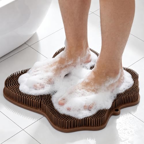 OZNER Silicone Shower Foot Scrubber Mat,Back Washer Bath Wash Pad Exfoliating & Massage, Wall Mounted Slip Strong Suction Cups for Use in Cleaner Men and Women (Brown) - color: Brown