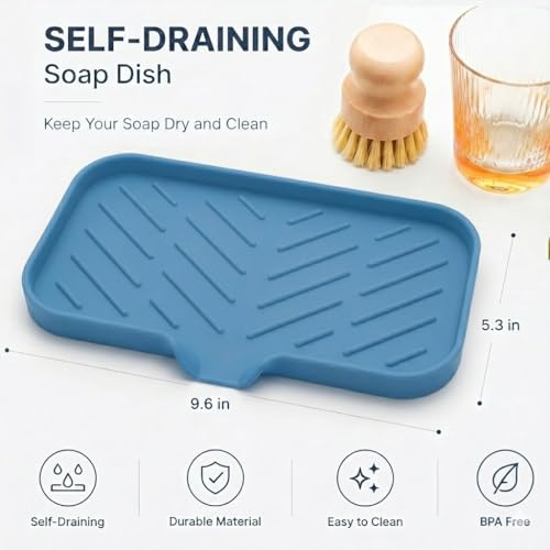 MicoYang Silicone Soap Dish with Drain Spout — Self-Draining Sink Organizer Tray for Bathroom & Kitchen, Sponges, Dispensers & Soap Holder, Non-Slip & Dishwasher Safe, Lichen Blue (Medium, 9.6"×5.3") - color: Lichen Blue, size: M(9.6"×5.3")
