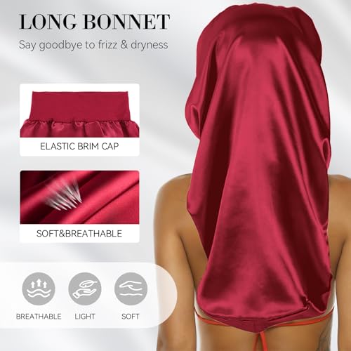 Bonnet for Long Hair- Hair Nets for Sleeping Set Shower Cap for Braids Anti Frizz Reusable Soft Elastic Band Mesh Wrap For Black Hair For Curly, Braids Hair (black net, burgundy bonnet) - color: Black Net, Burgundy Bonnet