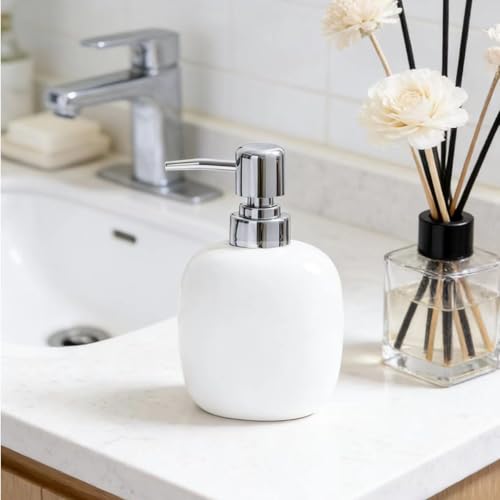 12OZ White Ceramic Soap Dispenser for Bathroom Liquid Hand Dish Pump Soap - color: Oval