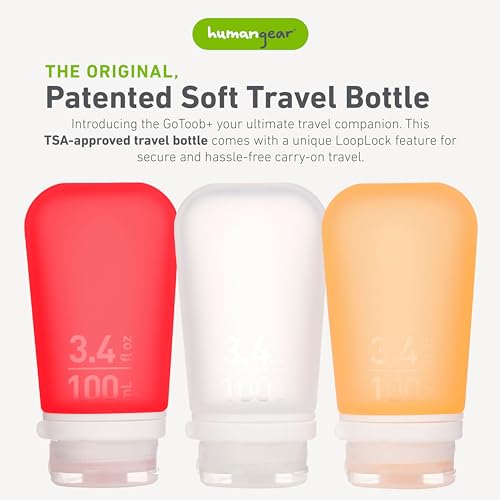 humangear GoToob+ Bottles - Silicone Leak-Proof Travel Tubes for Toiletries, Camping & TSA Carry-On (3-Pack), Large (3.4 fl oz; 100ml), Clear/Red/Orange - color: Red/Clear/Orange, size: 3.4 Ounces
