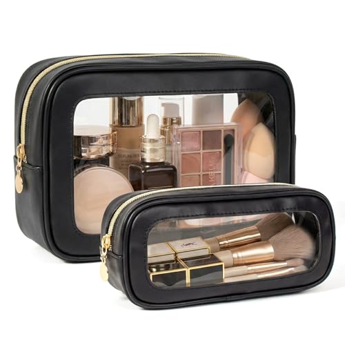 2Pcs Clear Makeup Bags Set, Clear Travel Makeup Brush Holder Leather Makeup Case Toiletry Bag with Zipper Portable Cosmetic Pouch Waterproof Makeup Brush Storage Bag Car Bag for Essentials - color: 2Pcs Black