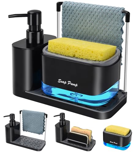 Hand and Dish Soap Dispenser Set with Tray, Dual Soap Dispenser with Sponge Holder and Dishcloth Holder 5-in-1 Organizer for Kitchen Sink Countertop Storage Organize - Useful Kitchen Gadgets (Black) - color: Black