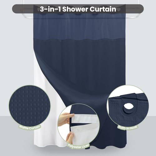 Inhousolu No Hook Shower Curtain with Snap-in Fabric Liner, Waffle Weave 230 GSM Polyester, Weighted Hem, Water Repellent Washable, Mesh Top Window 36" W x 72" L Navy Blue - color: Navy Blue, size: 36"W x 72"L (Pack of 1)