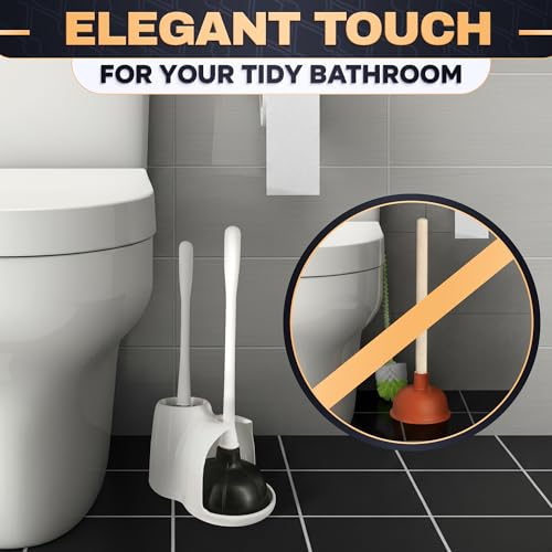2 in 1 Toilet Plunger and Brush Set White - Toilet Brush and Plunger Set White with Stiff Bristles, Strong Vacuum Suction and Holder - Space-Saving Stand, Fits Most Standard Toilets, 9.3×6.3×15.2 inch - color: White
