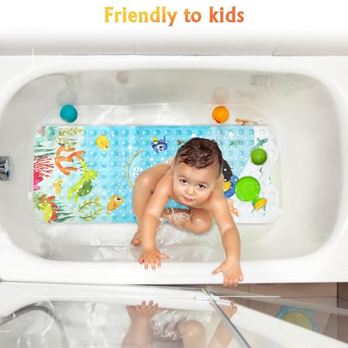 Bath Mat for Tub Non Slip, Machine Washable Anti Slip Cartoon Baby Bathtub Shower Mat with Drain Holes and Suction Cups for Toddler & Kids, 40 Inch x 16 Inch-Rectangular, Swimming Kids - color: Swimming Kids, size: 40" x 16" (Rectangular)