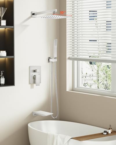gotonovo Shower System with Tub Spout,Waterfall Tub Shower Faucet Set for Bathroom Head and Handle Set Wall Mounted 3 Function Rough-in Valve and Trim Included 10 inch Shower Head Brushed Nickel - color: Brushed Nickel, size: 10 inch Shower Head