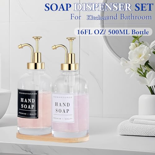 Glass Soap Dispenser with Pump,Tray,Funnel, Countertop Soap and Lotion Dispenser Set of 2 with 60 Stickers, Dish and Hand Soap Dispenser Bottle for Kitchen,Bathroom,Shower,500ml/16.9oz - color: Blk-5010-2g