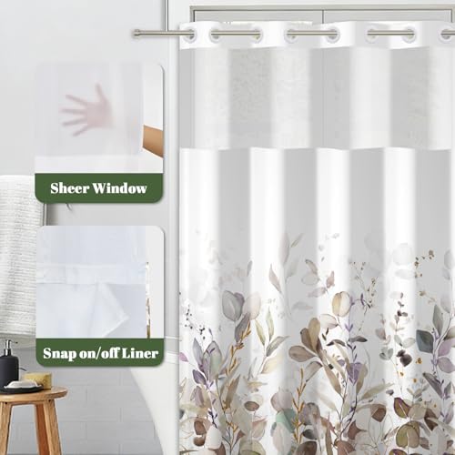 No Hook Shower Curtain with Snap in Liner Set, Neutral Watercolor Botanical Eucalyptus Foliage Print Shower Curtains for Farmhouse Boho Bathroom, Mesh Top Waterproof Bath Curtain, 71x74 Inch - color: Botanical-3