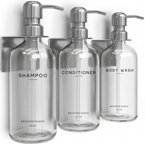 Clear Shampoo and Conditioner Dispenser Set Wall Mounted by Brighter Barns - Wall Mounted Shower Shampoo Dispenser for Shower Wall - Refillable Shower Soap Bottles 3 Chamber No Drill (Clear/Silver) - color: Modern (Clear Silver)