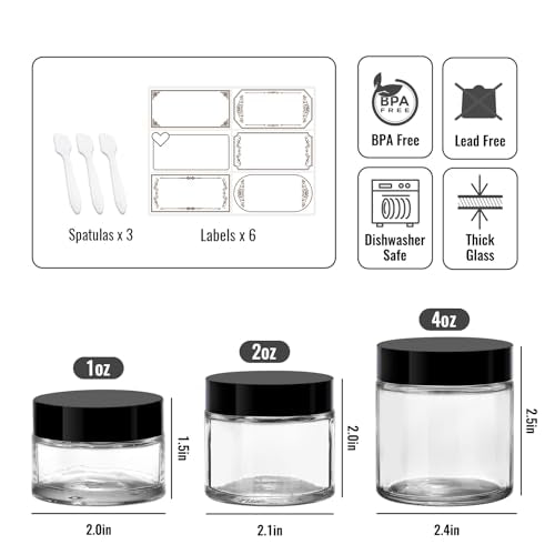 3 Pack Clear Glass Jars with lids, 4 oz, 2oz and 1 oz, Reusable Sample Jars | Small Cosmetic Containers with Inner Liners, Leak-Proof Travel Jars for Lotions, Scrubs, and Candle Making, Labels & Spatulas - color: Clear-1-3oz-3pcs