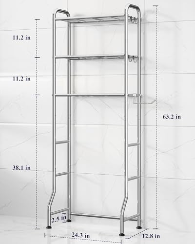 Kitsure Over Toilet Storage Rack, 63.2" H Space-Saving, Holder & Hooks | Bathroom, Laundry Room, Small Spaces, Families, Durable Metal, Silver, 3 Tier - color: Silver, size: 3 Tiers (63.2"H)