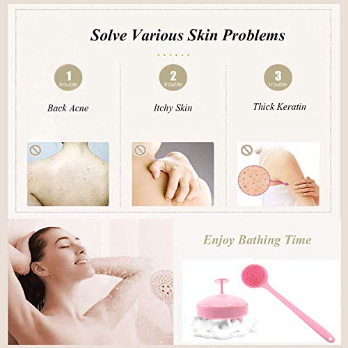 Silicone Body Scrubber & Scalp Massager, Long Handle Shower Brush, Exfoliating Scrubber for Men, Women & Kids - color: Pink
