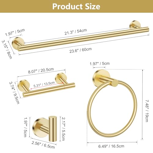 TQKAG Brushed Gold 5 Piece Bathroom Hardware Accessories Set 23.6" SUS304 Stainless Steel Bathroom Towel Bar Holder Sets Double Post Pivoting Toilet Paper Holder Set Wall Mounted - color: Brushed Gold, size: 5-Pieces Set-B