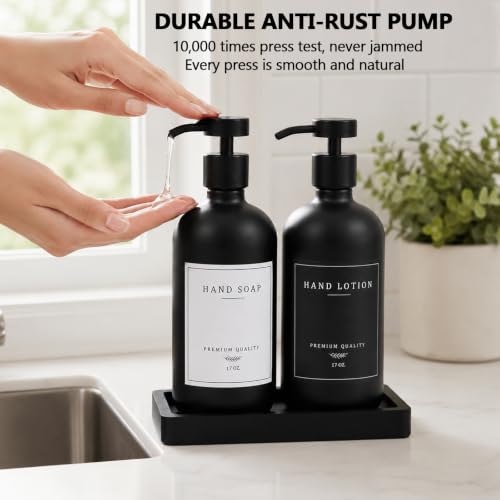 Black Soap Dispenser - Kitchen Hand Dish Soap Dispenser, Glass Bathroom Soap Lotion Dispenser with Tray, Dishwashing Liquid Dispenser, 14 Stickers, Black Bottle/Black Pump-pd - color: Black Bottle/Black Pump + Tray