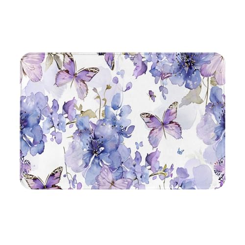 Bath Mat Flower Butterfly Purple Floral Watercolor Butterflies Quick Dry Bathroom Rugs Non Slip Absorbent Shower Flannel Rug Floor Mat for Bathroom,Bathtub,Sink,Bedroom,16"X24" - color: Cay10