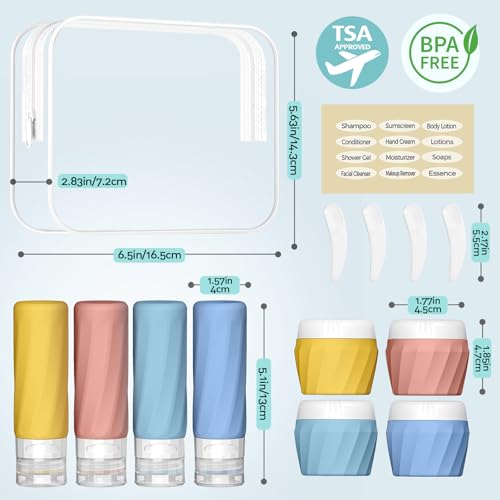 Silevoler 14pack Travel Bottles for Toiletries, TSA Approved Travel Size Toiletries Containers Set, Premium Silicone Leak Proof Refillable Bottles & Creams Jars Accessories Kit W/Clear Bag (Bright) - color: Bright