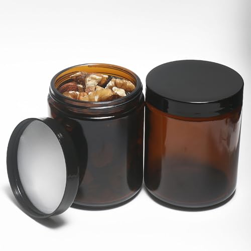 8oz Glass Jars with Lids, 2 pack Jars Amber 250g Empty Round Cosmetic Containers for Sample, Powder,Body Butter,Cream, Lotion, Spice
