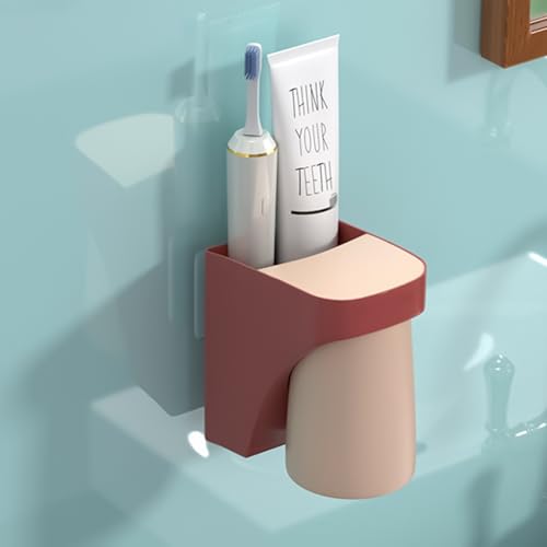2 in 1 Toothbrush Holder,for Dad Mom and Son/Daughter in Bathroom | Magnetic Cup,Wall Mounted ,Drill-Free ,Electric Toothbrushes Storage Organizer, Space Saving - color: Rose Pink