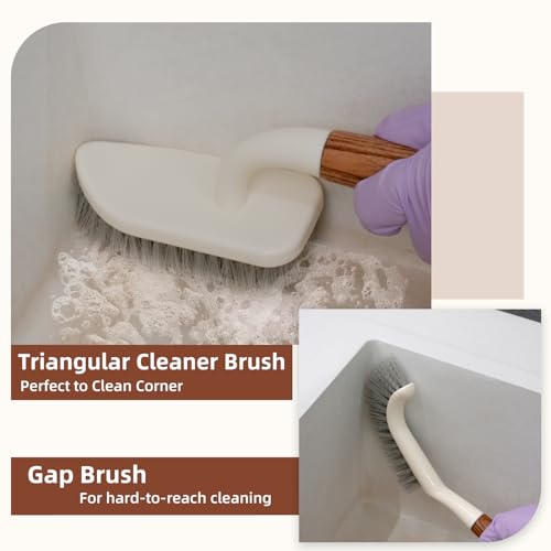 4-Pack Heavy Duty Scrub Brushes Set with Wooden Handles, Triangle & Square Floor Scrubber, Dish Brush, Grout Cleaner for Kitchen, Bathroom, Tile, Carpet & Stubborn Stains Removal