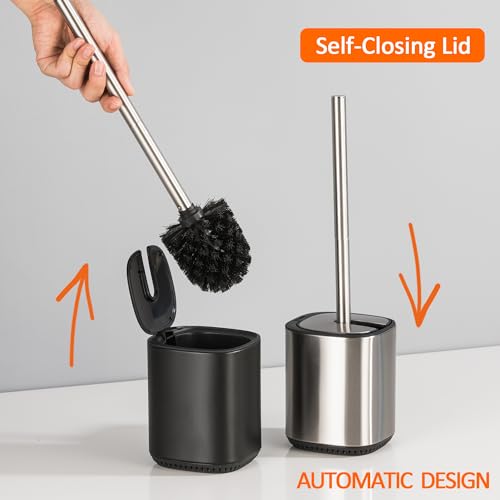 Toilet Bowl Brush and Holder, Toilet Brush with Stainless Steel Handle and Durable Bristles for Bathroom Cleaning, Automatic Closing Holder Set (Black) - color: Black