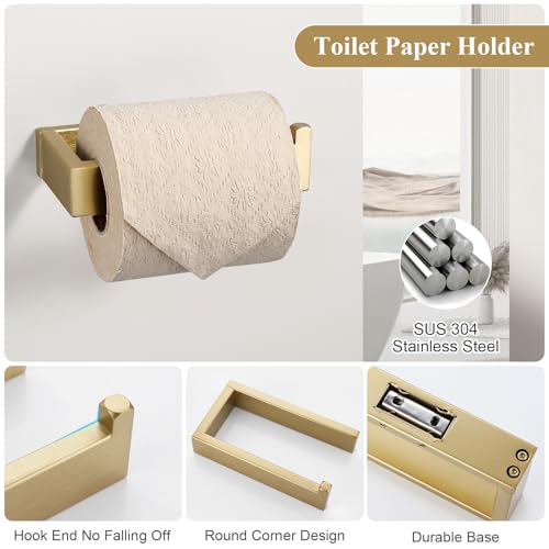 3 Pieces Brushed Gold Bathroom Hardware Accessories Set,SUS304 Stainless Steel Towel Holder Set Towel Holder Robe Hook Toilet Paper Holder Wall Mounted - color: Brushed Gold
