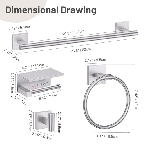 5-Piece Brushed Nickel Bathroom Hardware Set, SUS304 Stainless Steel Bathroom Accessories Set 23.6 inches Towel Bar, Toilet Paper Holder with Shelf, Towel Ring and Two Towel Hooks Wall-Mounted - color: Brushed Nickel, size: 5 Pieces - With Shelf