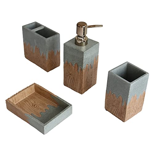 Hymmah Bathroom Accessories Set,Wooden Design Toothbrush Holder,Farmhouse Bathroom Decor,4 Pcs Resin Gift Set Apartment Necessities, Contain Toothbrush Cup,Soap Dispenser,Soap Dish,Tumbler - color: Wooden Design Grey