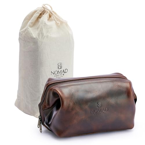 NomadCraftsCo. Premium Leather Travel Toiletry Bag for Men and Women, King-Size Dopp Kit with Waterproof Lining, Mens Toiletry Travel Bag - color: Brown