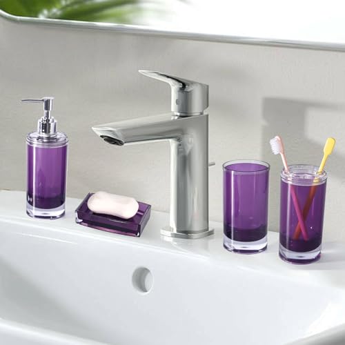 5 Pcs Purple Acrylic Bathroom Accessories Set Complete,Lotion/Soap Dispenser,Soap Dish,Toothbrush Holder, Tumbler,Toilet Brush and Holder,Modern Bathroom Decor and Housewarming Gift Set (Dark Purple) - color: Dark Purple
