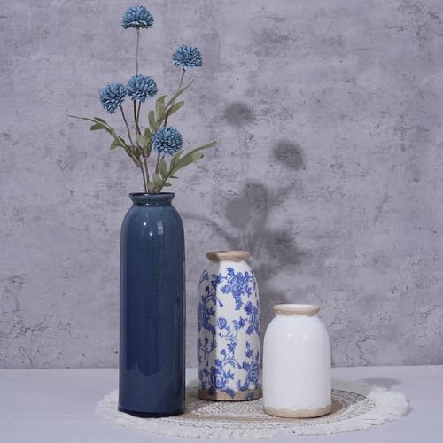 Vintage Ceramic Vase Set of 3, Blue and White Small Flower Vase Chinoiserie Rustic Modern Farmhouse Centerpiece Decorative Vases for Table Entryway Bookshelf Living Room Kitchen Home Decor - color: Vintage- Blue