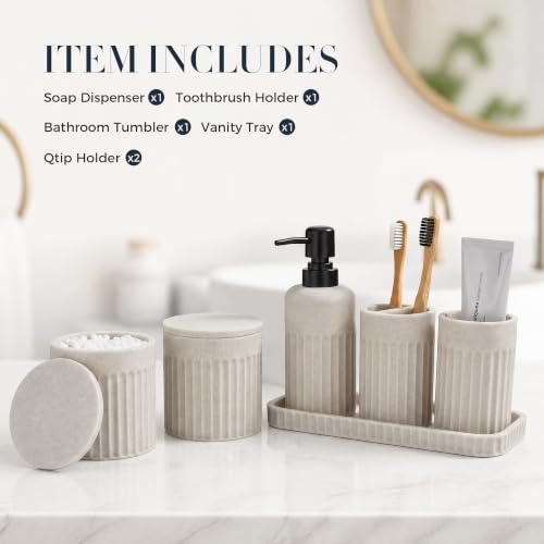 INIUNIK Bathroom Accessory Set, 6 Pieces, Beige | Resin, Bathroom Accessories Set, with Soap Dispenser Set, Toothbrush Holders, Tumbler, Vanity Tray & 2 Qtip Holder - color: Beige -2